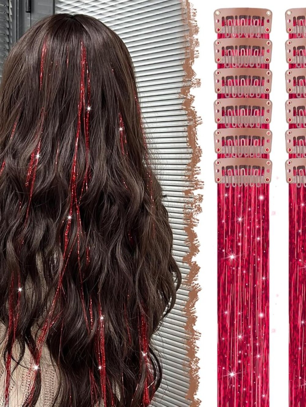 Clip in Hair Tinsel - 12 PCS Red Clip ins Glitter Tinsel Hair Extensions Sparkle
